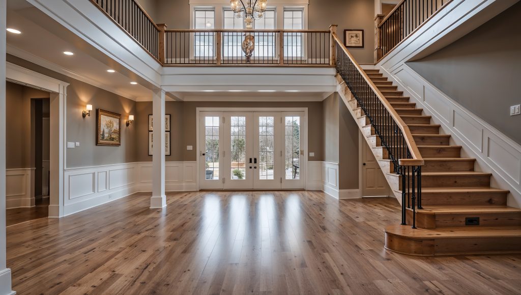 custom cabinets elegant foyer with wooden staircase and modern decor photo